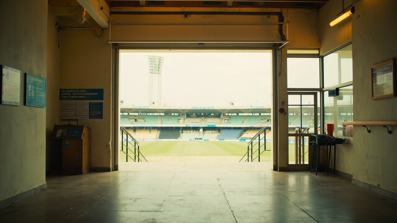 An indoor stadium concourse with a neutral informational sign and a ticketing tile at the gate, evenly lit by soft overcast daylight