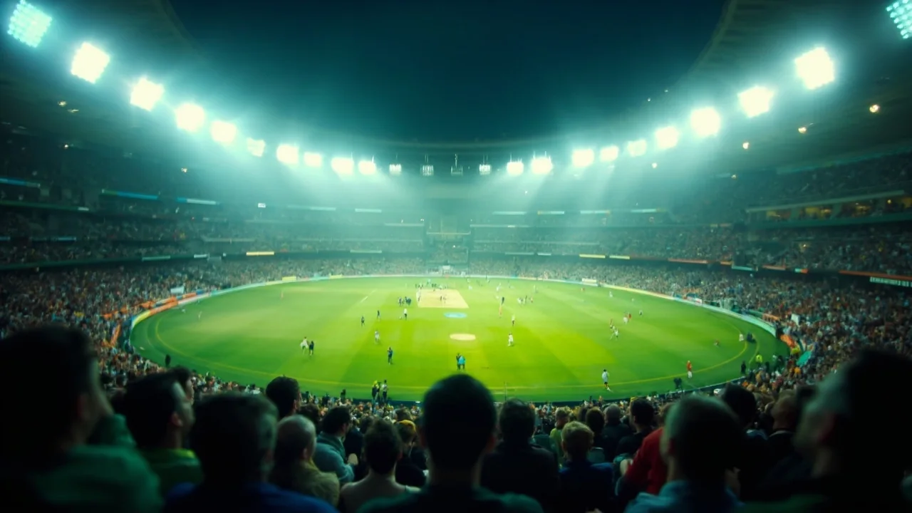 Wide establishing view of a cricket stadium at twilight under editorial framing for the SAFEMA tribunal ruling on the 2009 IPL FEMA case