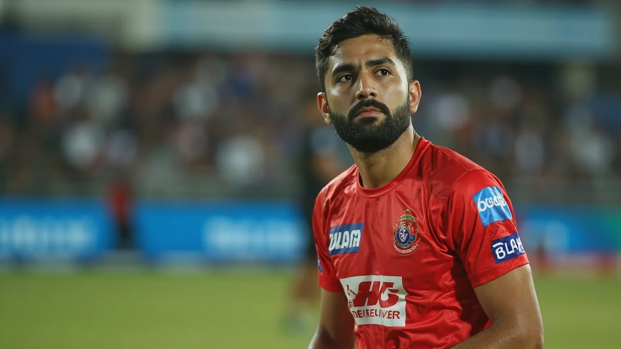 Wide establishing view of a Jaipur cricket stadium under floodlights, framed as the setting for Riyan Parag's 2019 IPL debut