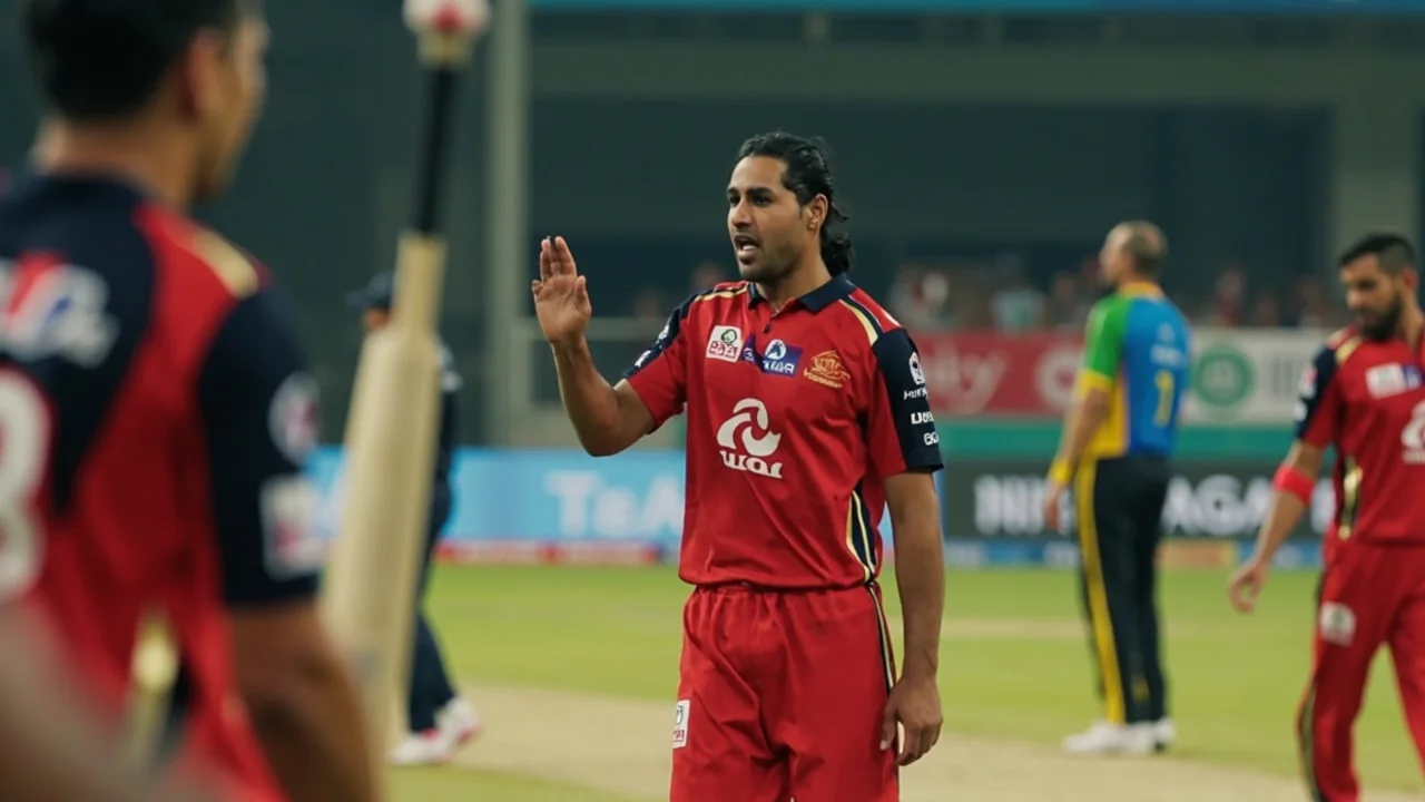 Medium editorial framing of a cricket match tactical scene showing field placement and team interaction, used here as a visual marker for the Royals' closing-over field-setting against Chennai in Parag's 2019 debut